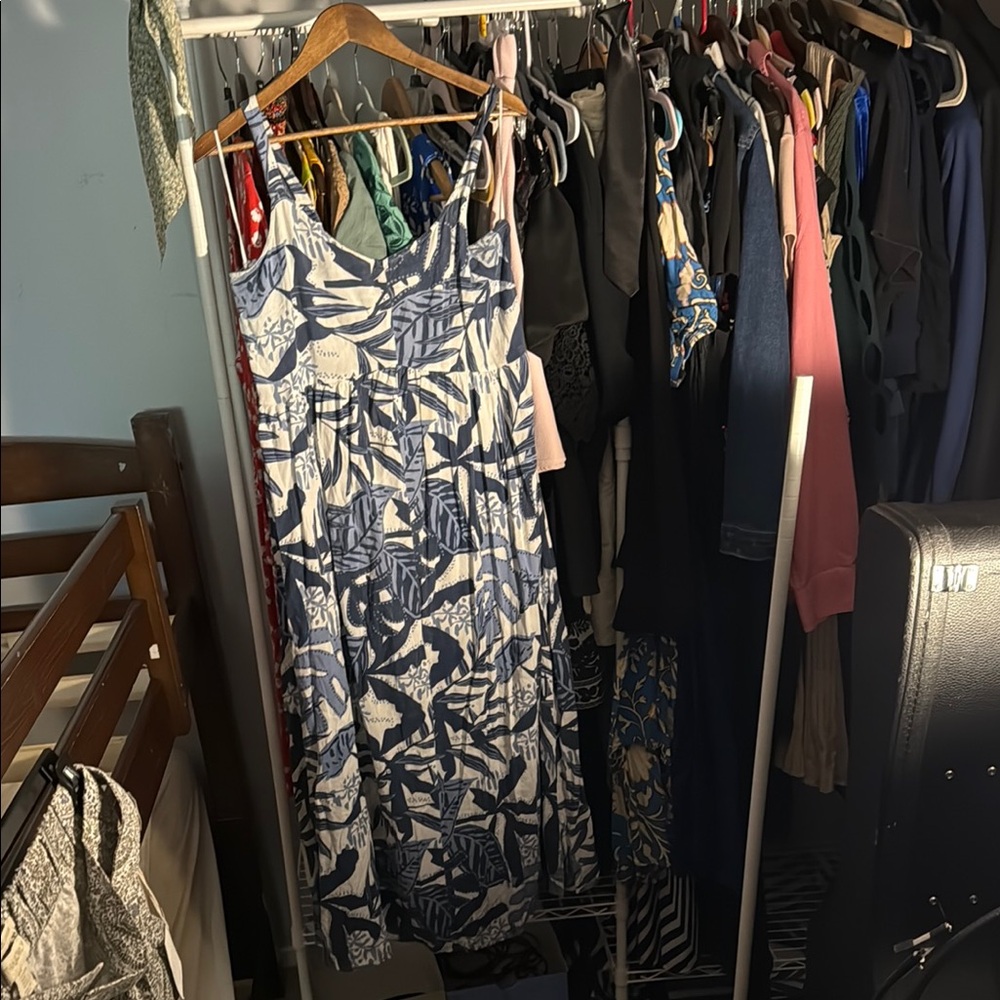 Blue and White Leaf Print Dress XL Goa Beachwear by Japna